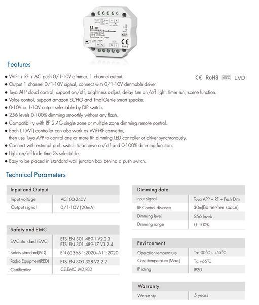 Диммер DEYA WiFi+RF+Push Dim 100-240VAC, 1CH 0/1-10V (L1(WT)) L1(WT) фото