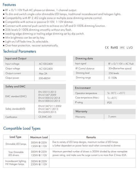 Димер DEYA RF+Push AC Triac 100-240VAC, 1CH*2A (S1-L) S1-L фото