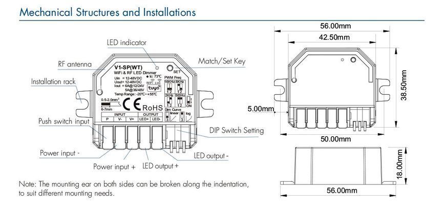 LED-контролер DEYA 12-48 VDC, 6A*1CH, WiFi & RF CV для Tuya App (V1-SP(WT)) 2880 фото