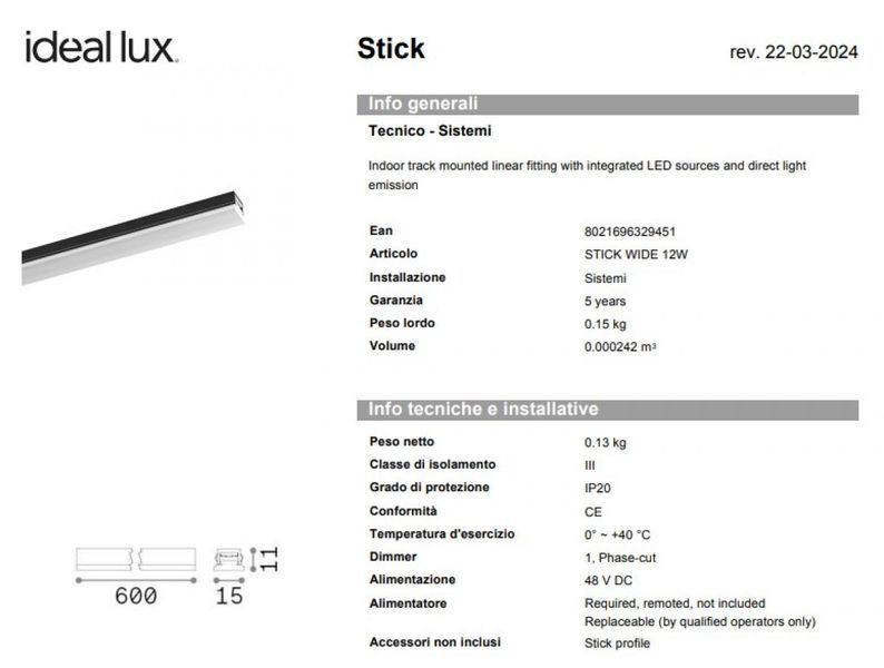 Светильник трековый STICK Ideal lux 329451 Ideal lux_329451 фото