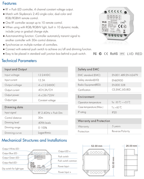 LED-контроллер DEYA 12-24VDC, 3A*4CH (V4-S) V4-S фото