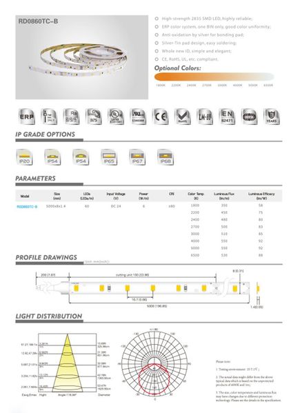 LED лента RISHANG 60-2835-24V-IP20 6W 550Lm 4000K 5м (RD0860TC-B-NW) 0512 фото