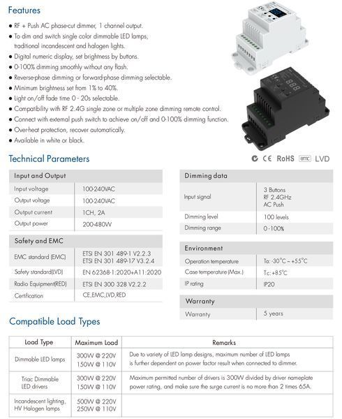 Диммер DEYA RF+Push AC 100-240VAC, 1CH*2A, 200-480W (TR1(White)) TR1(White) фото