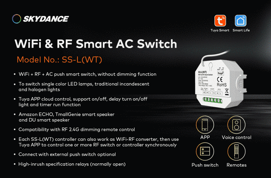 Релейный модуль выключатель DALI WiFi & RF Push Switch 15А*1CH 100-240VAC (SS-L(WT)) SS-L(WT) фото