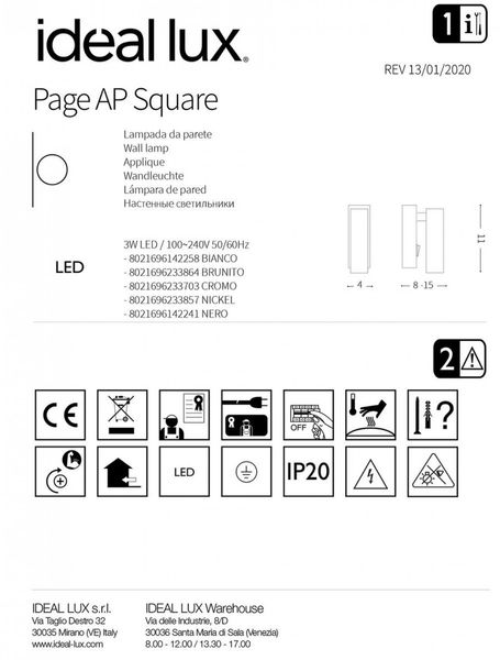 Спот Page AP1 Square Bianco Ideal Lux 142258 IDEAL LUX_142258 фото