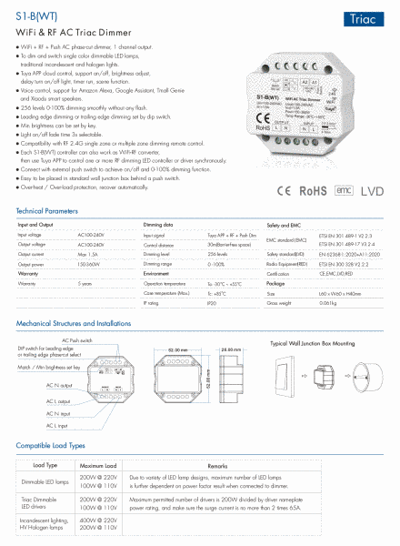 Димер DEYA WiFi-RF Triac AC100-240V, 1CH*1.5A, 150-360W(S1-B(WT)) s1-bwt фото
