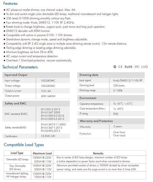 Димер DEYA RF AC Triac 100-240VAC, 1CH*6A, 600-1440W (SK1) SK1 фото